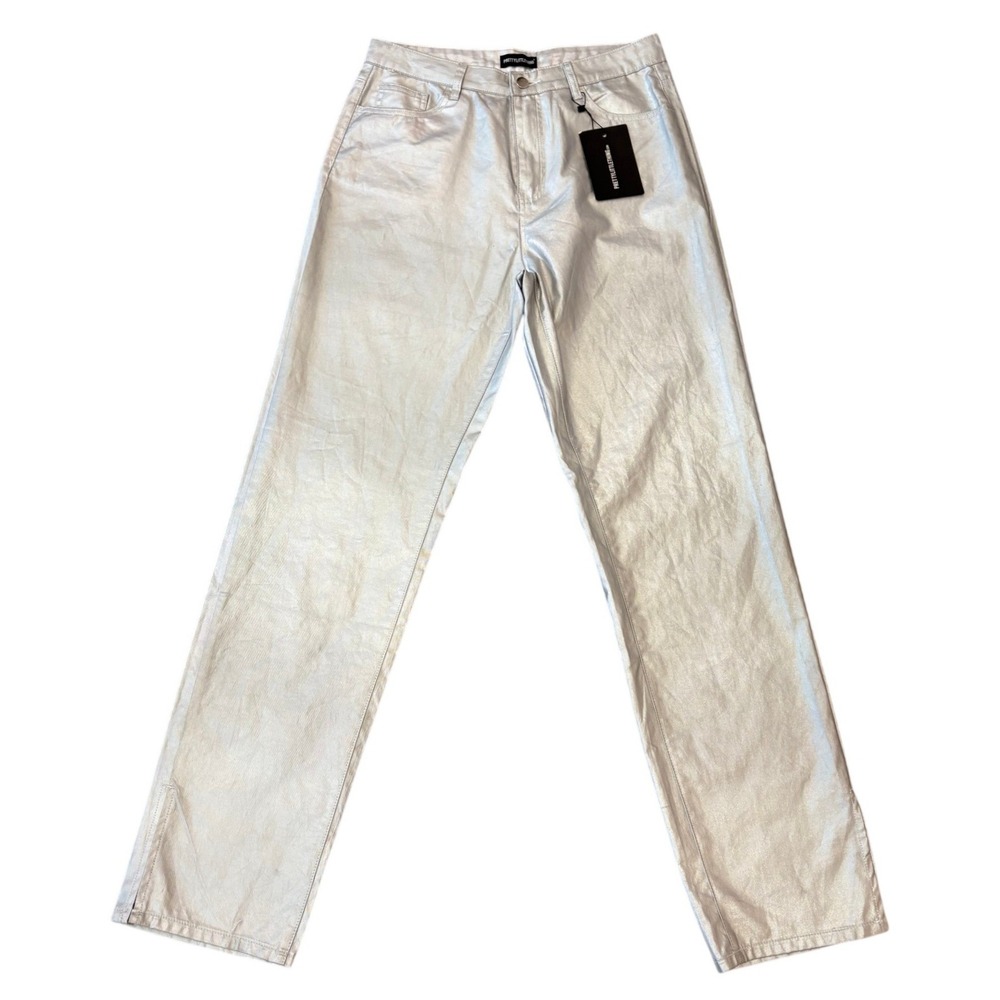 PrettyLittleThing Straight Leg Pants Womens 12 Silver Holographic Split Hem NEW - Picture 2 of 10